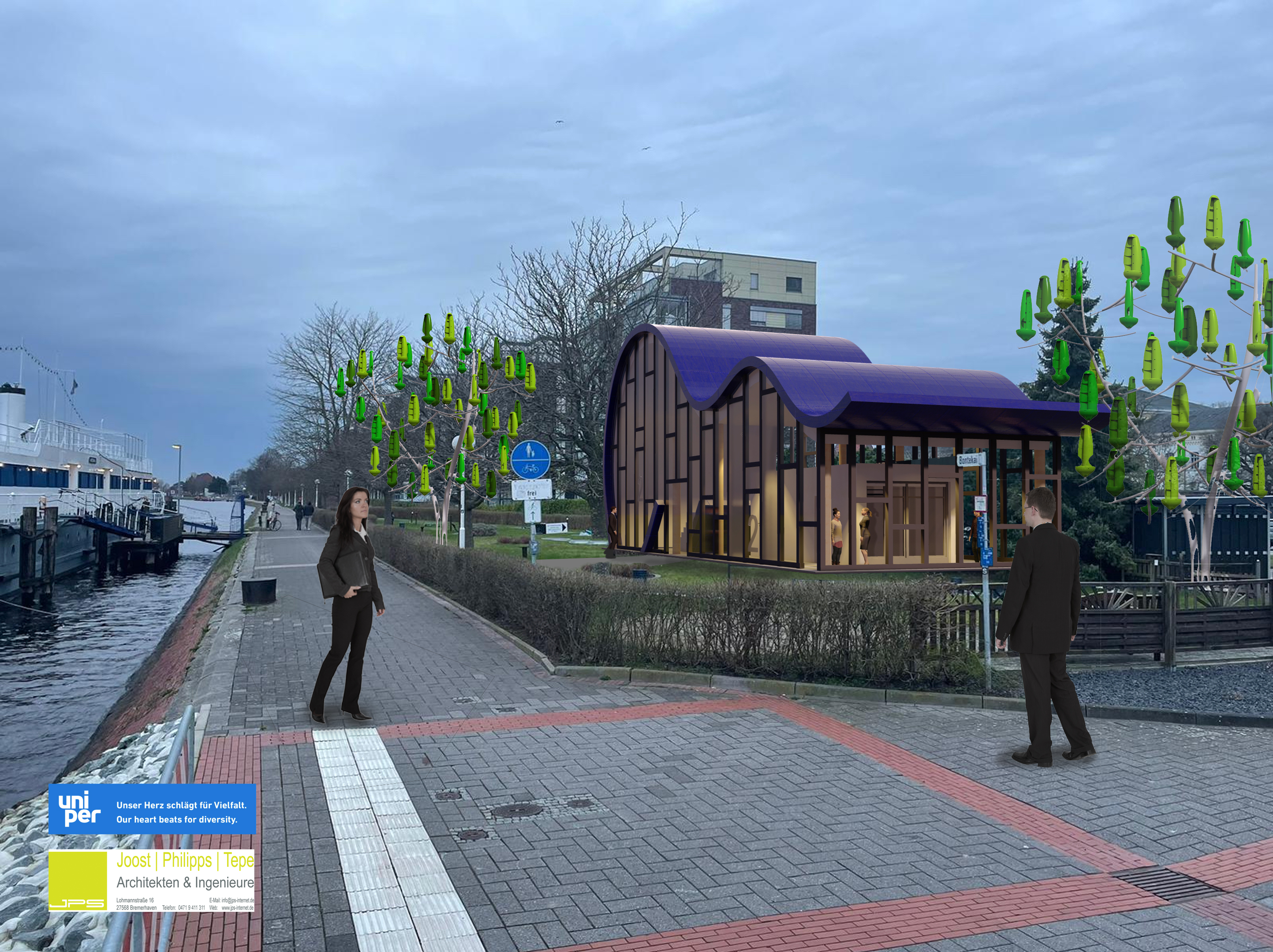 Architektonisch modernes Besucherzentrum mit geschwungenem Design und blau getönten Glasfassaden direkt am touristisch erschlossenem Bontekai. Menschen und Radfahrer sind auf den Weg vor dem Gebäude zu sehen.