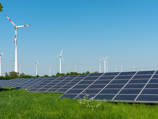 Solarmodule auf einer grünen Wiese, Windräder im Hintergrund
