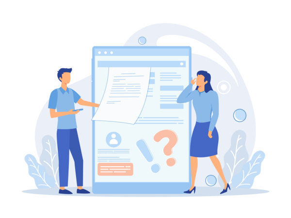 Illustration von zwei Personen vor einem großen Bildschirm mit Dokumenten und Fragezeichen – Symbol für Kommunikation oder Analyse