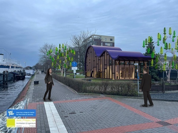 Visualisierung des geplanten Ausbildungszentrums: modernes, geschwungenes Gebäudedesign, an der Uferpromenade am Bontekai Wilhelmshavens